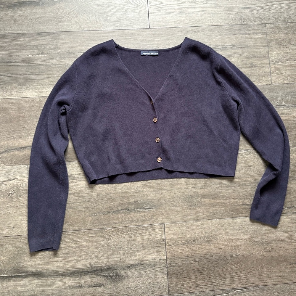 Brandy Melville Womens Navy Blue Long Sleeve Cropped Cardigan Sweater One Size